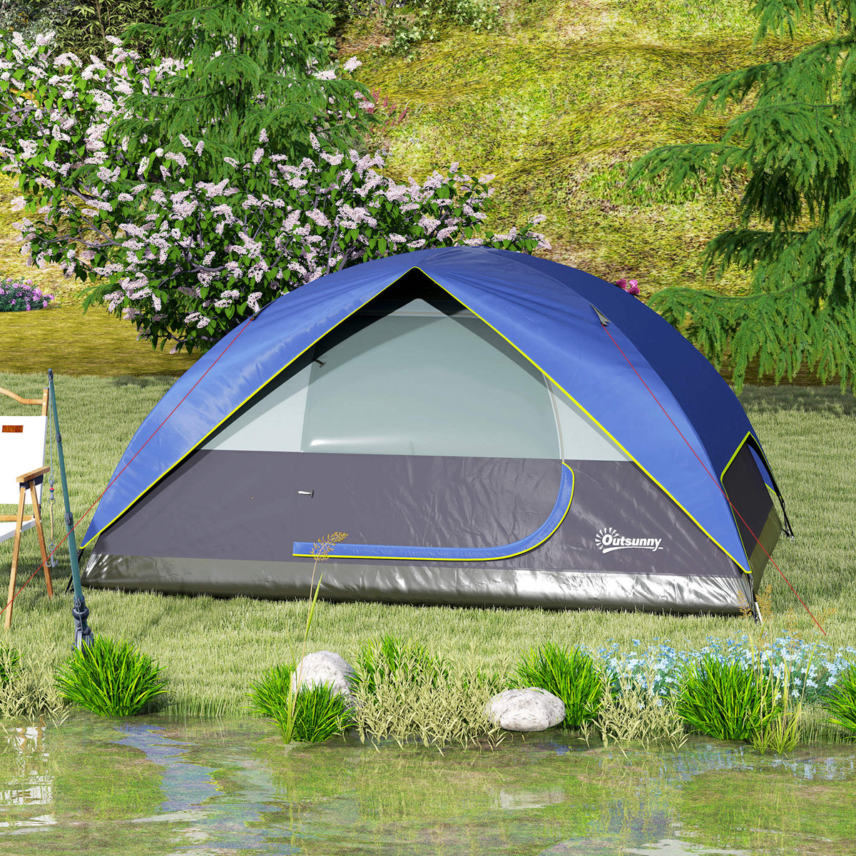 Outsunny Campingzelt 2-4 Personen, wasserdichtes Familien-Domzelt mit Fenster, 2 Taschen, Transporttasche, Dunkelblau