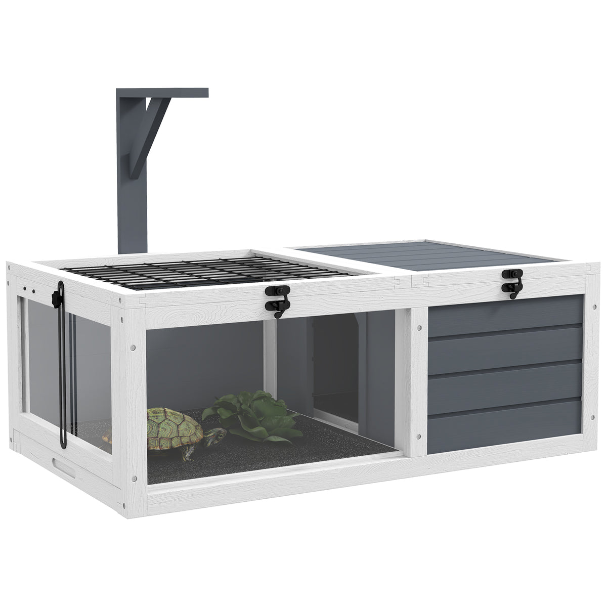PawHut Haus Gehege Käfig für kleine Tier Schildkröte mit 2 Räumen Lampenhalter 81 x 48 x 31,5 cm grau