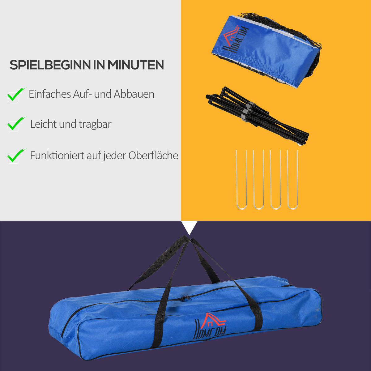 HOMCOM Badmintonnetz Set faltbares Tennisnetz mit Badmintonschläger 107/120/155H cm Höhenverstellbar Indoor Outdoor Federballnetz mit Transporttasche Metall Polyester Blau+Schwarz