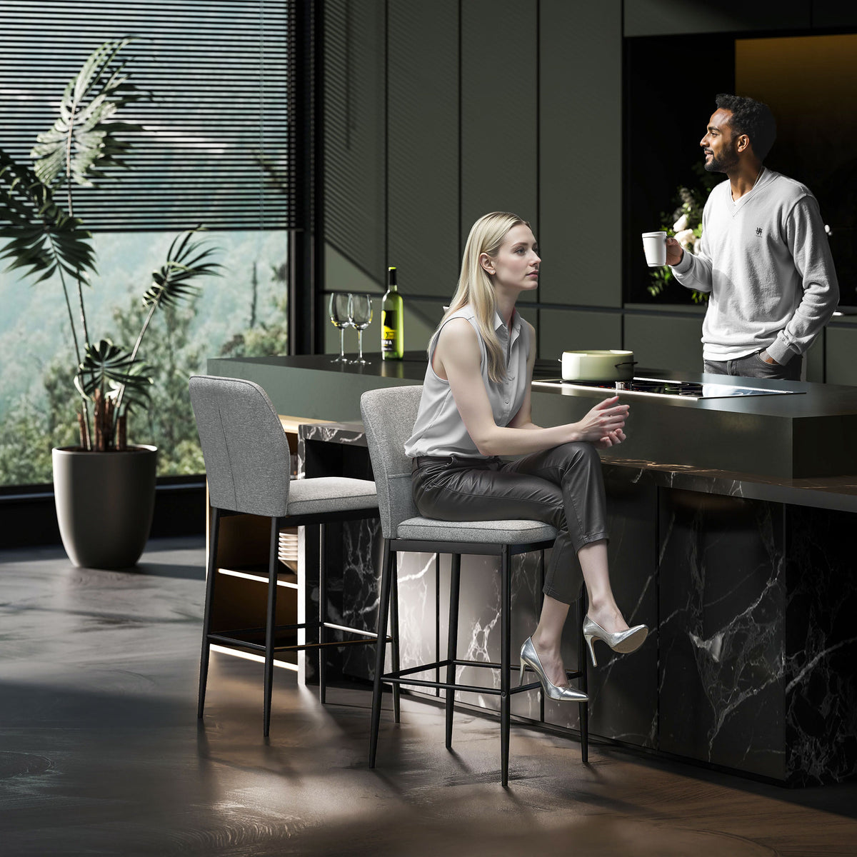 HOMCOM Set 2 moderne Barhocker aus Samt mit Fußstütze und Rückenlehne, 41x52x97 cm, Grau