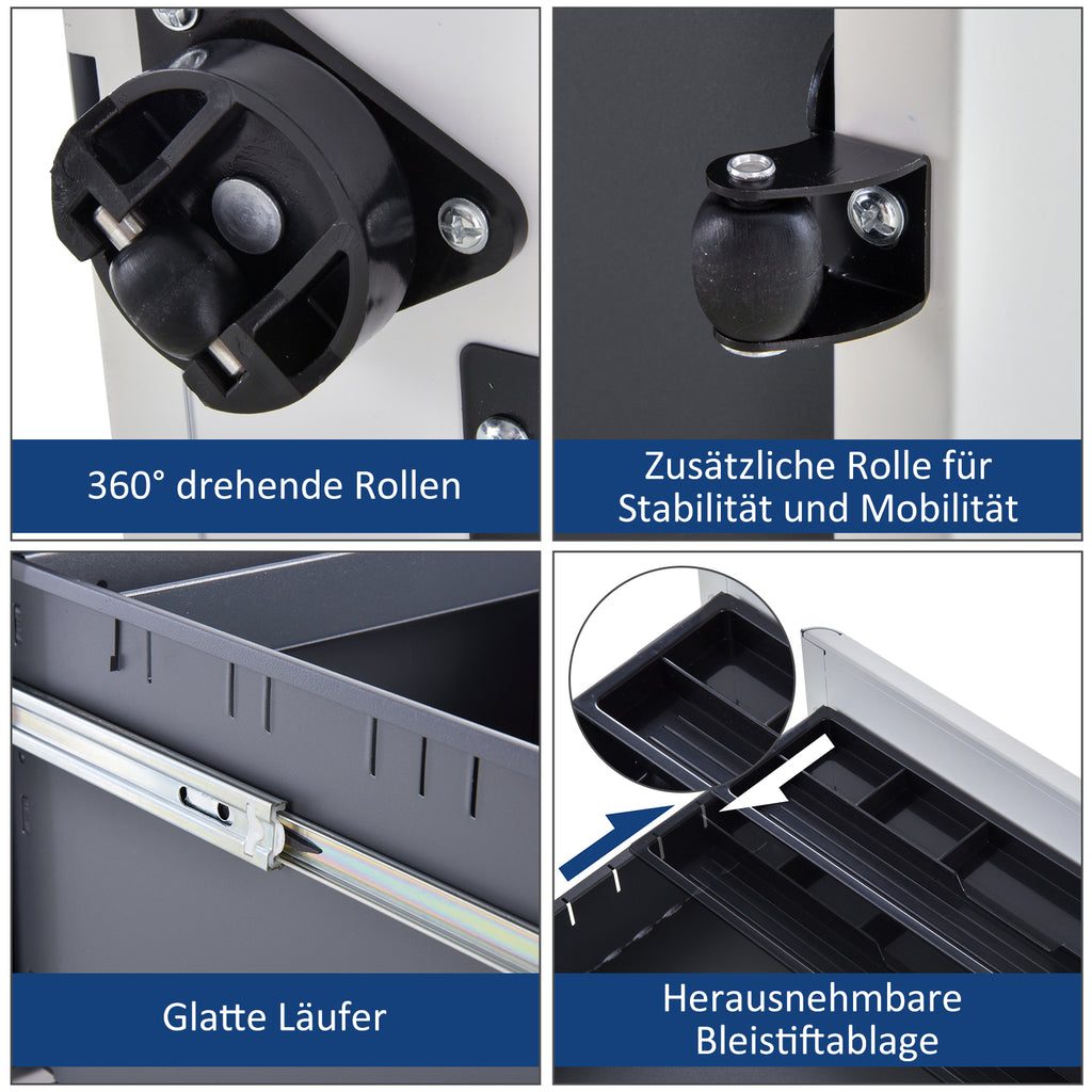 Vinsetto Rollcontainer, mobiler Aktenschrank mit 3 Schubladen, abschließbarer Büroschrank mit Hängeregistratur, Aufbewahrung, Stahl, 39 x 48 x 59 cm Weiß