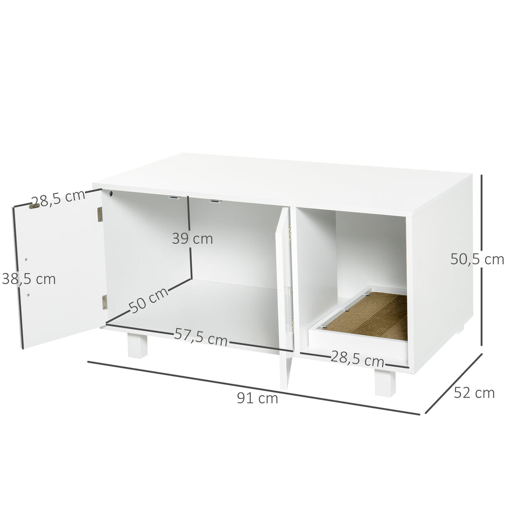 PawHut Katzenklo-Möbel, 2-türig, Kratzbaumfach, Beistelltisch, 50,5H x 91L x 52B cm, MDF, weiß
