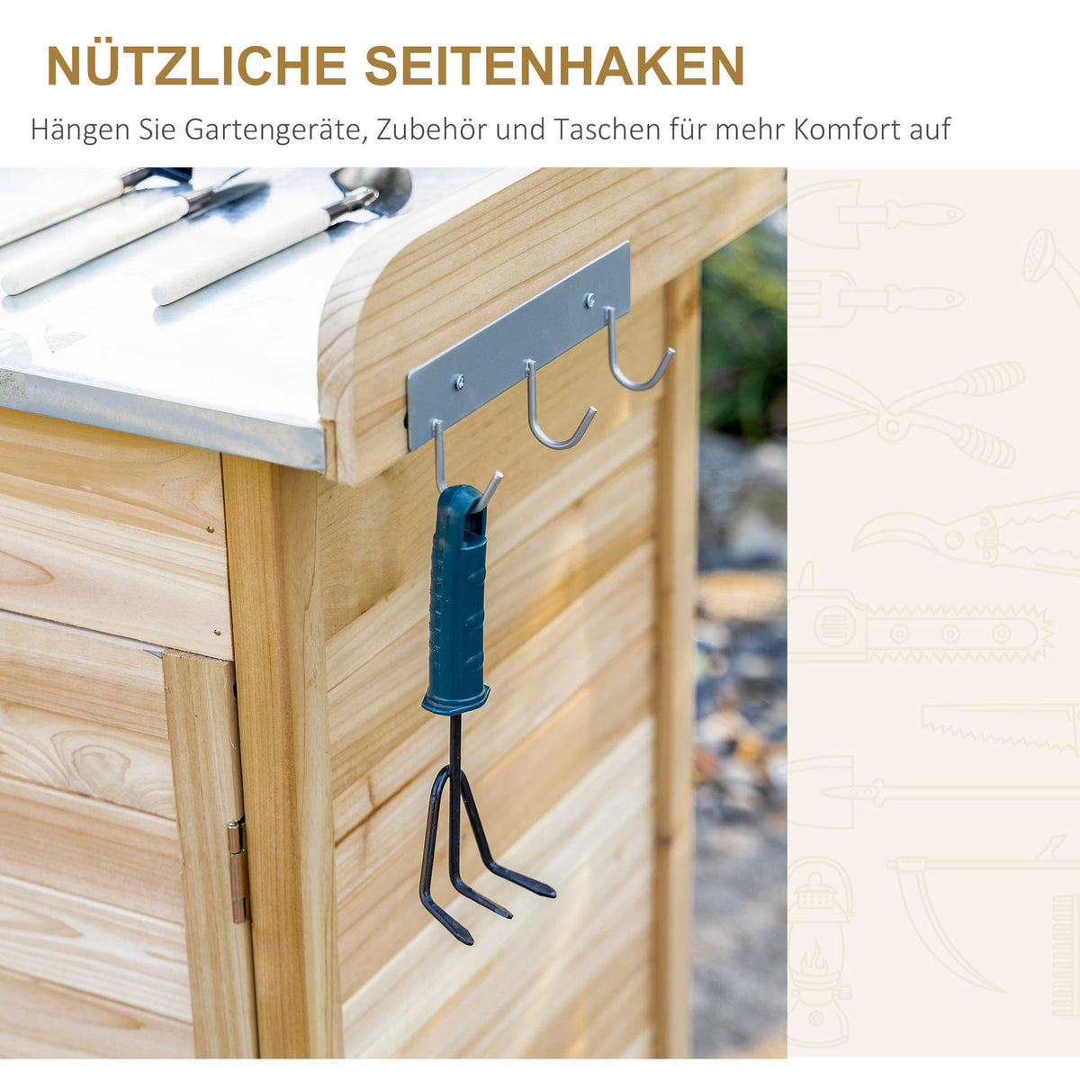 Outsunny Pflanztisch mit verzinkter Arbeitsplatte Gärtnertisch mit Schublade Schrank Garten Arbeitstisch Massivholz Natur 112 x 48 x 125 cm
