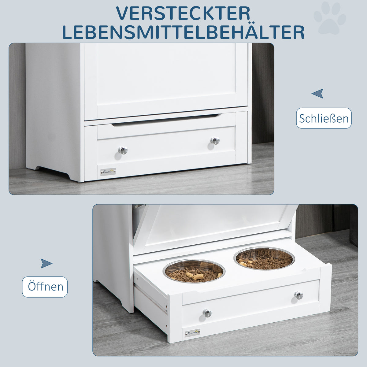 PawHut Futterstation für Haustiere, Aufbewahrungsschrank für Haustierbedarf, mit Futterschüsseln, Haken für Leinen, MDF, Weiß