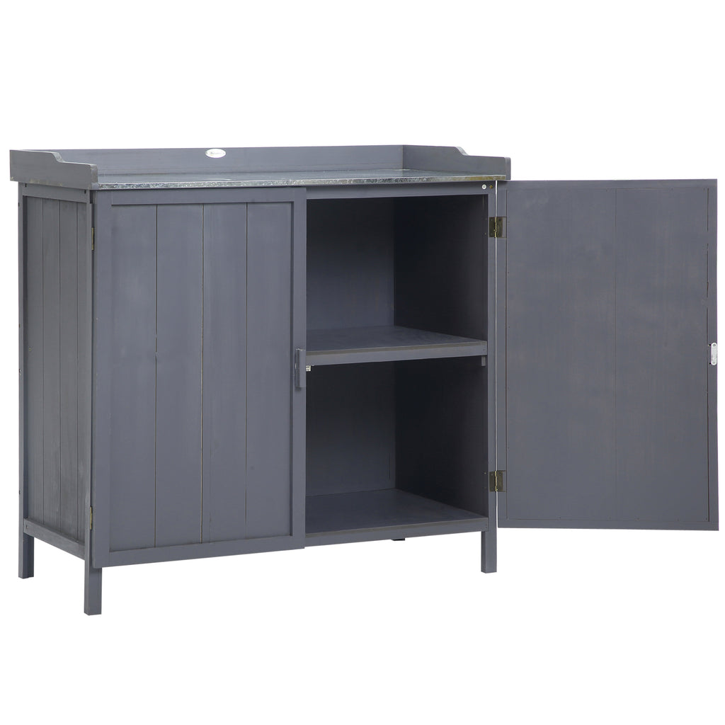 Outsunny Freistehender Gartenschrank-Pflanztisch-Kombination Doppeltür, Regal, verzinkte Metallplatte - grau