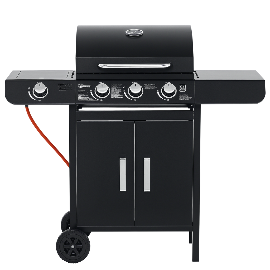 Outsunny Gasgrill mit 3 Hauptbrennern + 1 Seitenbrenner, Ablage, rostfreier Stahl, schwarz, 110 x 50 x 100 cm