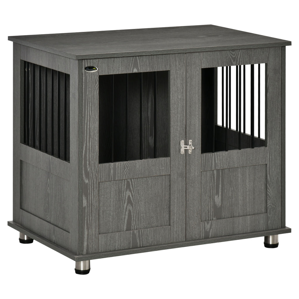 PawHut Hundebox, Haustierbox, Hundehütte mit Schloss, Magnettür, Hundehaus mit Fenster, für große Hunde, 85 x 55 x 75 cm, Grau