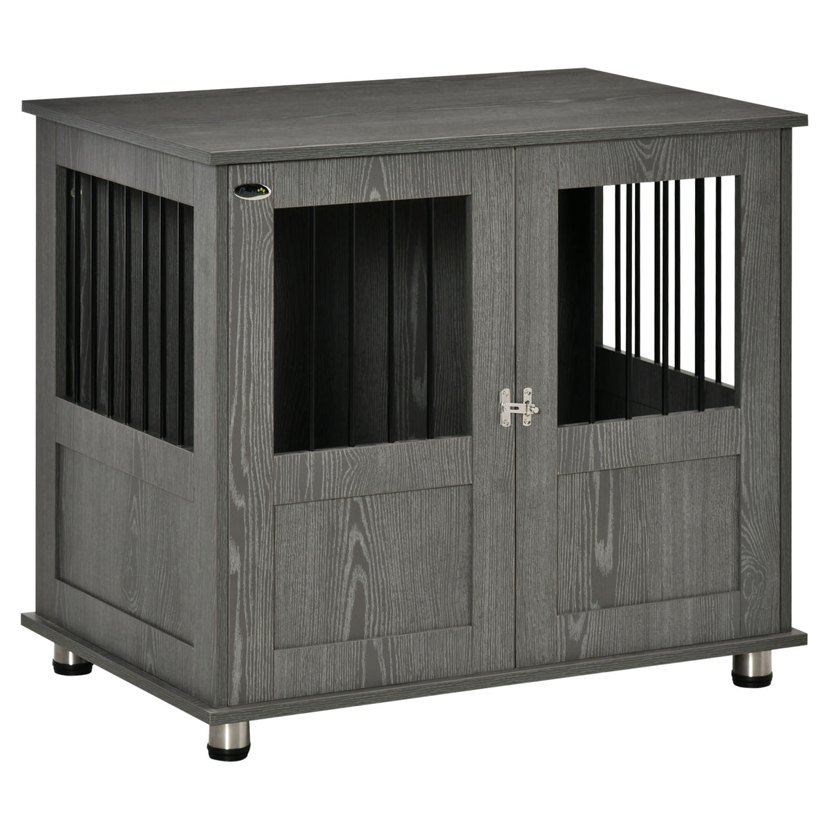 PawHut Hundebox, Haustierbox, Hundehütte mit Schloss, Magnettür, Hundehaus mit Fenster, für große Hunde, 85 x 55 x 75 cm, Grau