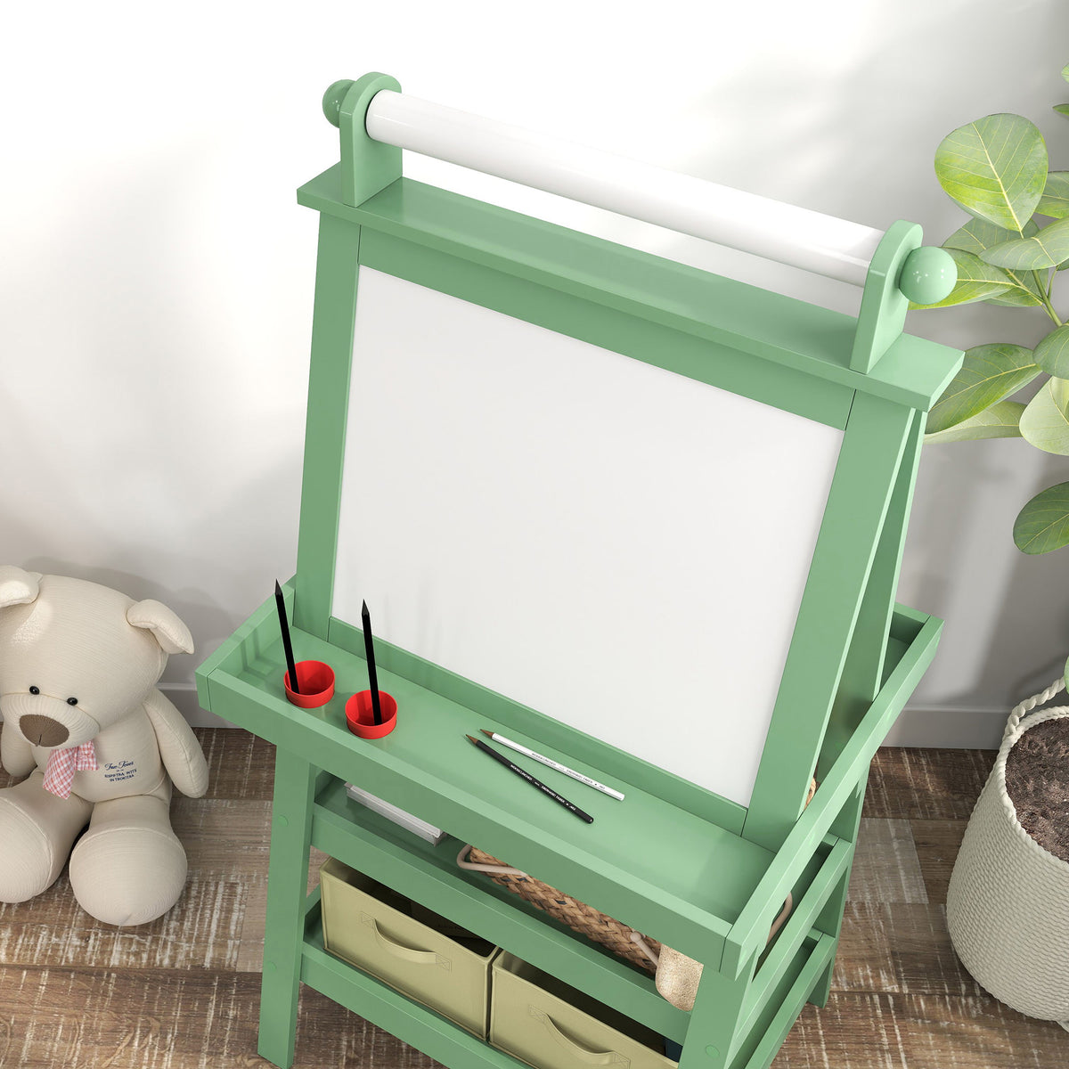 AIYAPLAY Kinder-Malereiständer 3-in-1 mit magnetischer weißer Tafel, Kreidetafel, Papierrolle, 2 Körben, 3-6 Jahre, grün