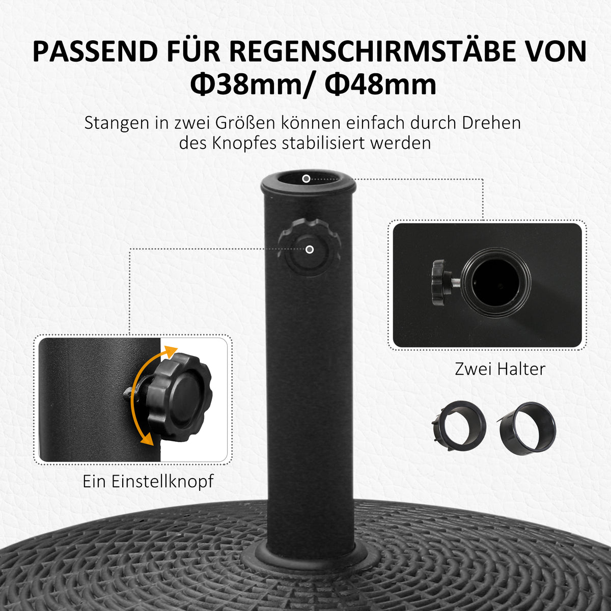 Outsunny Sonnenschirmständer 25kg Schirmständer mit Rollen rund Rattanoptik Ständer für Schirmstangen mit Ø38/48 mm Ständer für Garten, Balkon, Schwarz