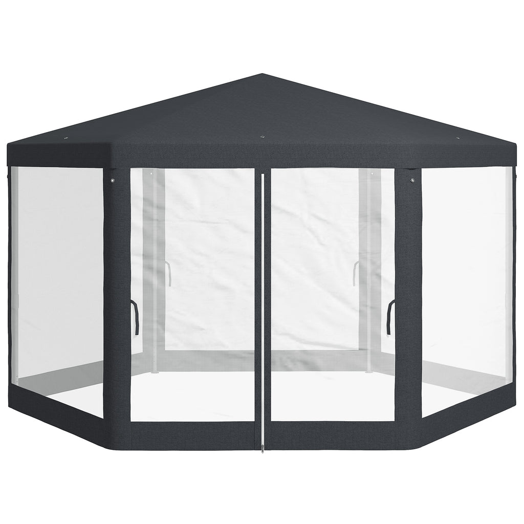 Outsunny Gartenpavillon, 6-eckig, Netzvorhänge, Metallgestell, 3,94x3,412x2,5m, Dunkelgrau