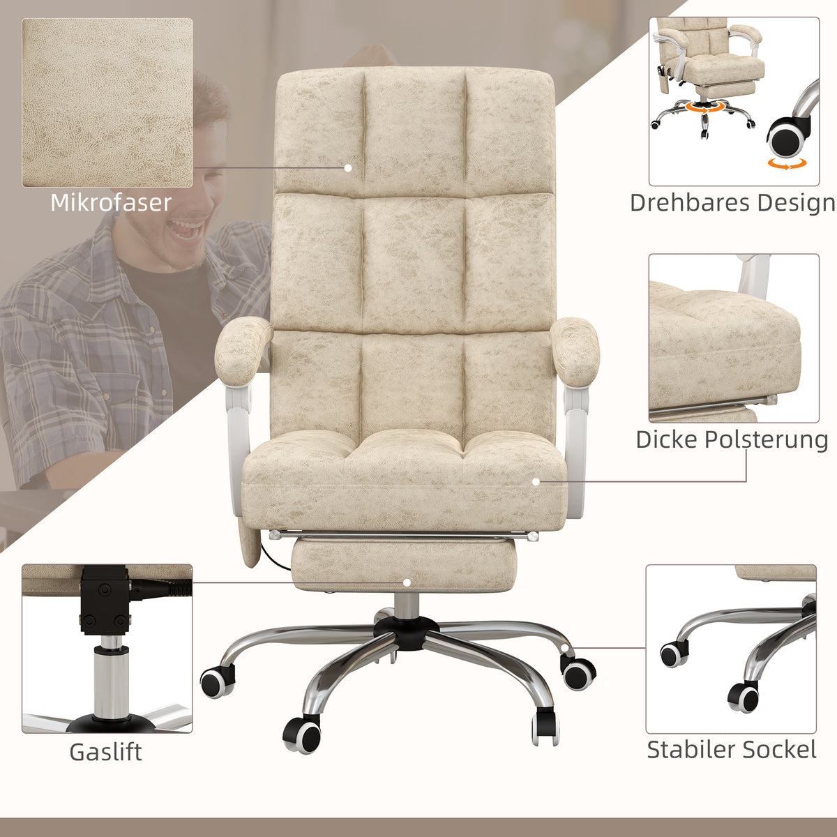 Vinsetto Bürostuhl mit Massage- & Wärmefunktion, Fußstütze, verstellbar, bis 120kg, Beige