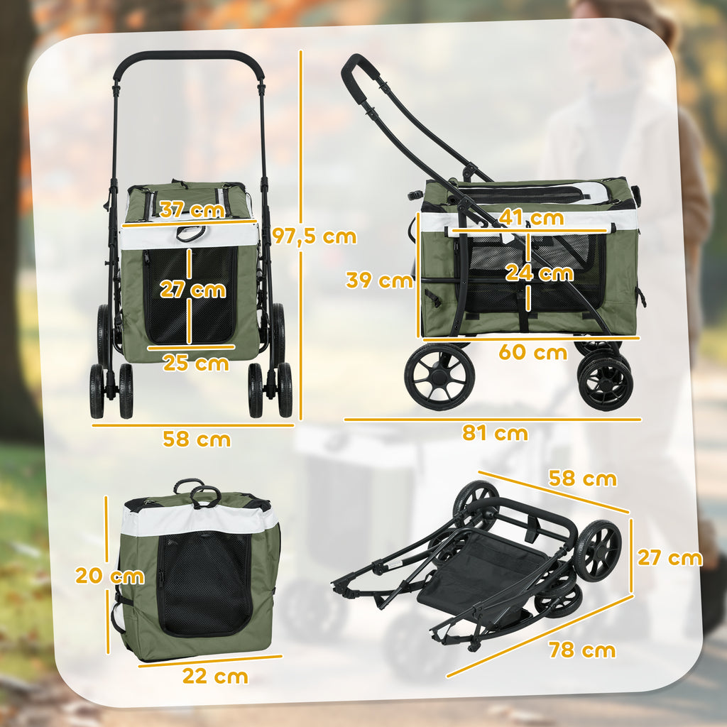 PawHut Hundbuggy Haustierbuggy Hundewagen, klappbar, abnehmbarer Korb, 81 x 58 x 97,5 cm, Schwarz+Dunkelgrün+Weiß