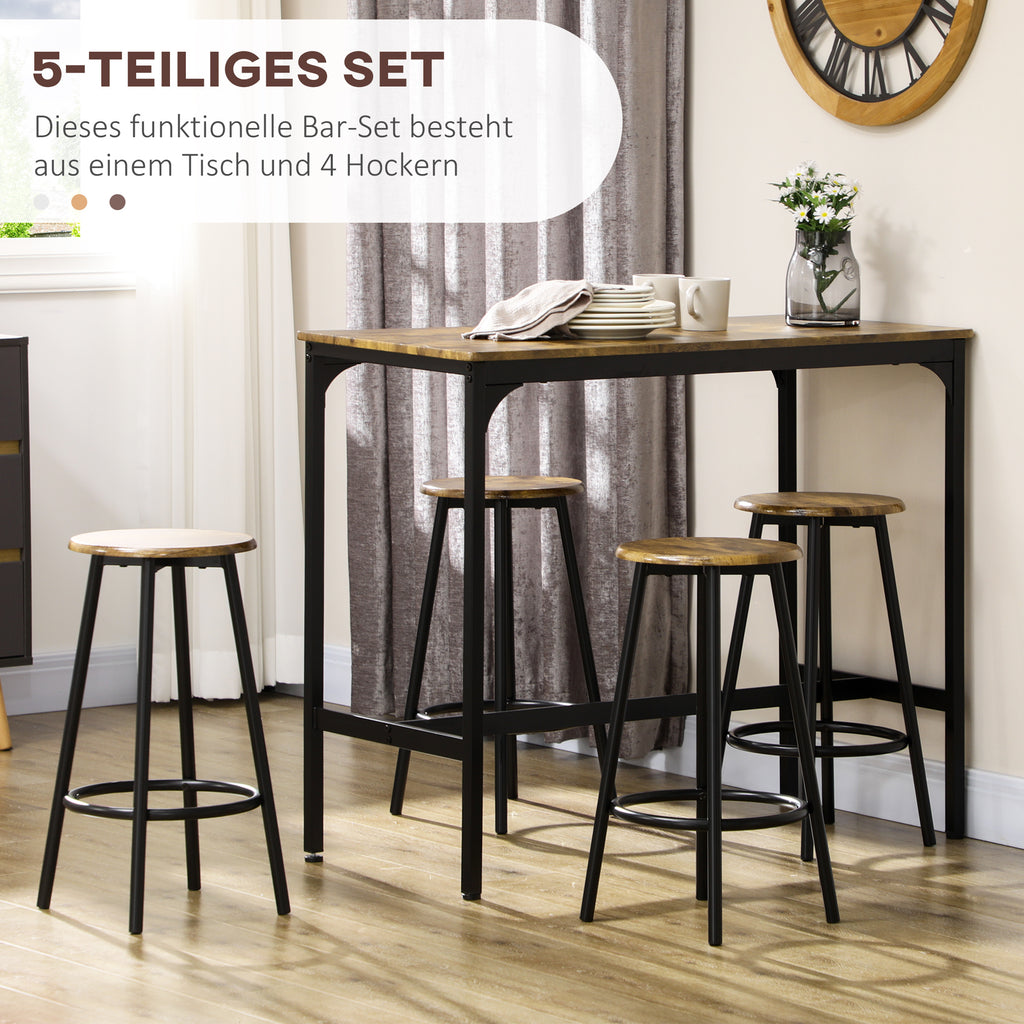 HOMCOM 5-tlg. Bartisch-Set im Industriedesign, 1 Bartisch, 4 Barhocker, Sitzgruppe, Küchentresen, Schwarz + Braun