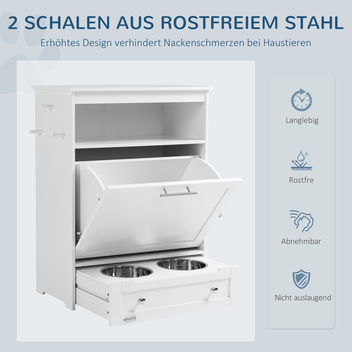 PawHut Futterstation für Haustiere, Aufbewahrungsschrank für Haustierbedarf, mit Futterschüsseln, Haken für Leinen, MDF, Weiß