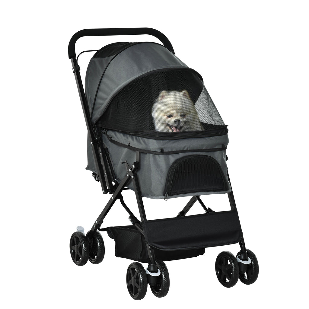 PawHut Hundebuggy Hundewagen bis 10 kg Klappbar Netzfenster Ablagekorb verstellbares Vordach Dunkelgrau 76,5 x 52 x 95 cm