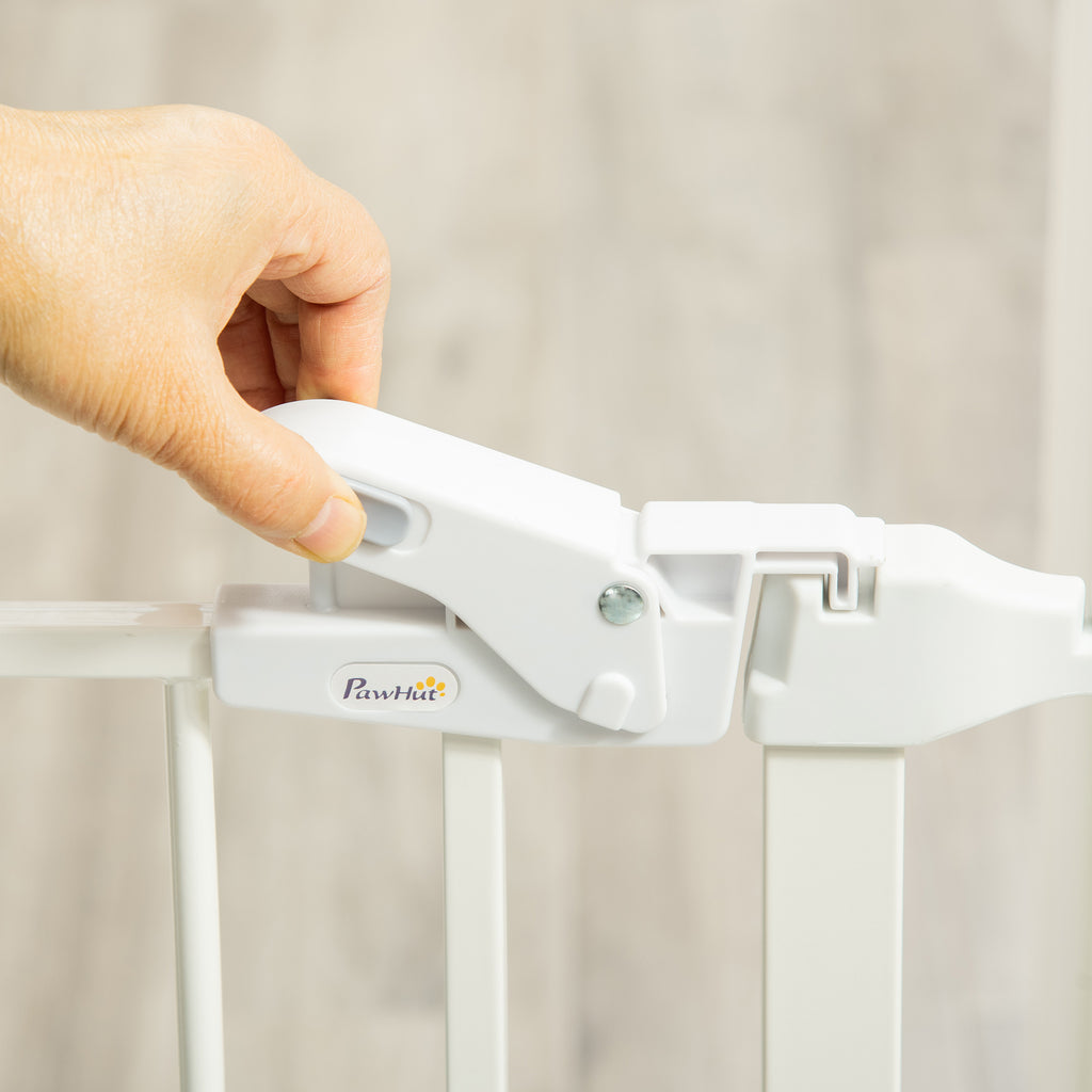 PawHut Hunde Absperrgitter Türschutzgitter Haustierschutzgitter verstellbar klappbar Kamingitter mit automatische schließenden Tür 3 Paneele für Ofen Wandmontage/Freistehend Weiß 202,5 x 76 cm
