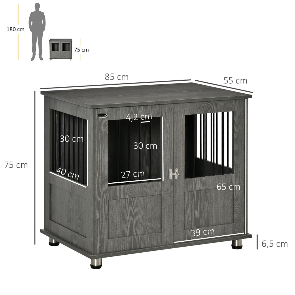 PawHut Hundebox, Haustierbox, Hundehütte mit Schloss, Magnettür, Hundehaus mit Fenster, für große Hunde, 85 x 55 x 75 cm, Grau