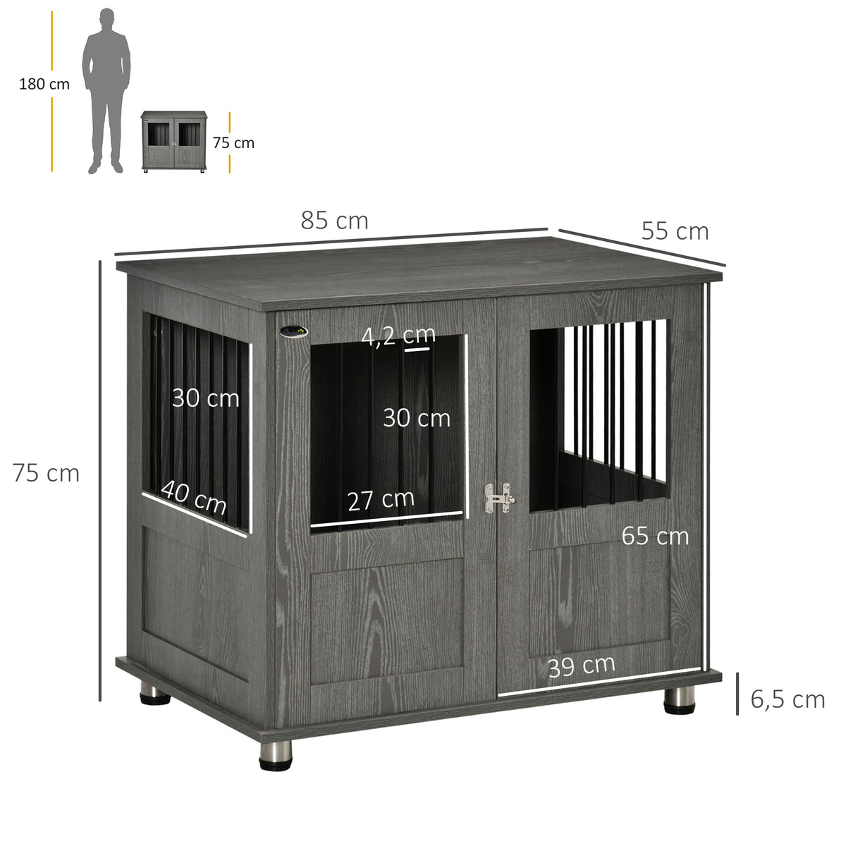 PawHut Hundebox, Haustierbox, Hundehütte mit Schloss, Magnettür, Hundehaus mit Fenster, für große Hunde, 85 x 55 x 75 cm, Grau
