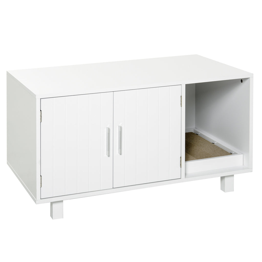 PawHut Katzenklo-Möbel, 2-türig, Kratzbaumfach, Beistelltisch, 50,5H x 91L x 52B cm, MDF, weiß