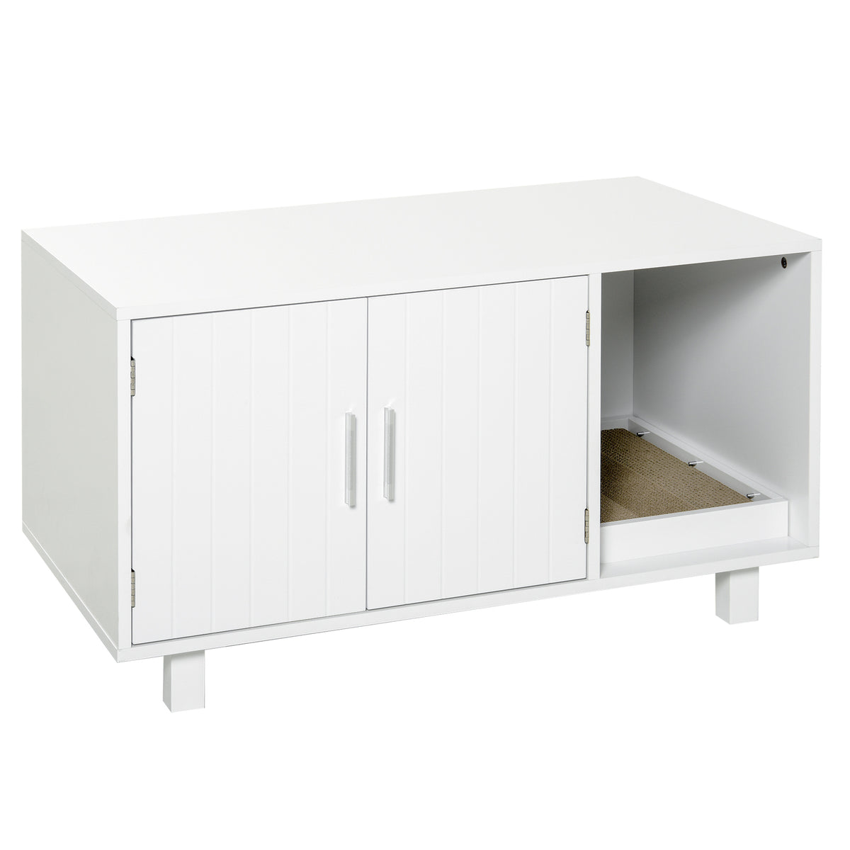 PawHut Katzenklo-Möbel, 2-türig, Kratzbaumfach, Beistelltisch, 50,5H x 91L x 52B cm, MDF, weiß
